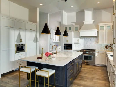 Kitchen-design-wood-range-hood-integrated-refrigrator-black-and-gold-pendants