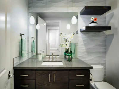 Powder-bath-3D-white-tile-brown-cabinet