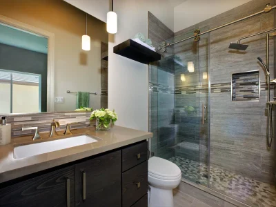 bathroom-design-brown-cabinets-shower-slide-glass-shower-door