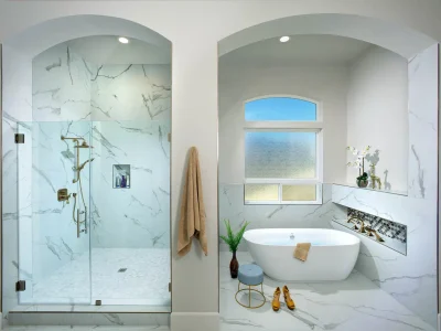 bathroom-design-free-standing-tub-large-shower-brass-accessories-arches