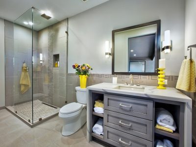 gray bathroom with walk-in shower-www.vkhourydesign.com